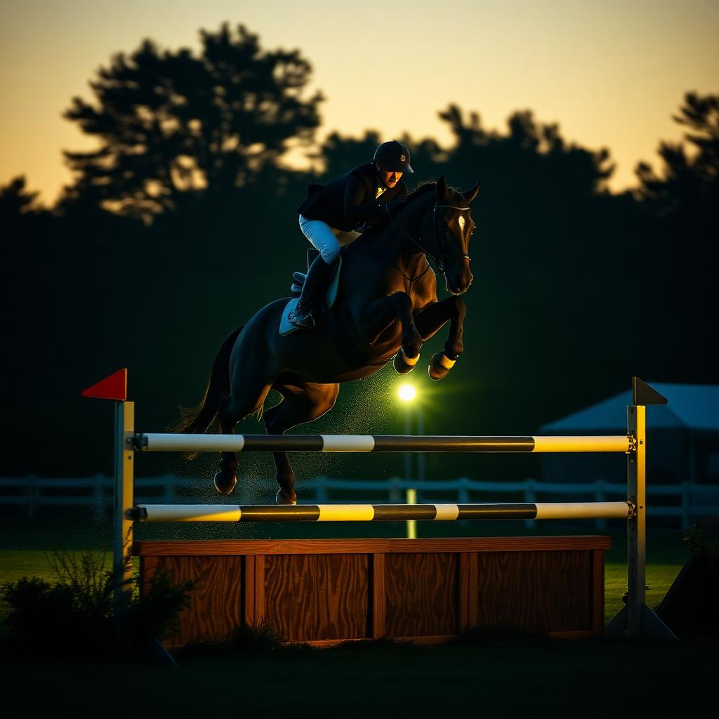 A horse and rider clearing an oxer at dusk