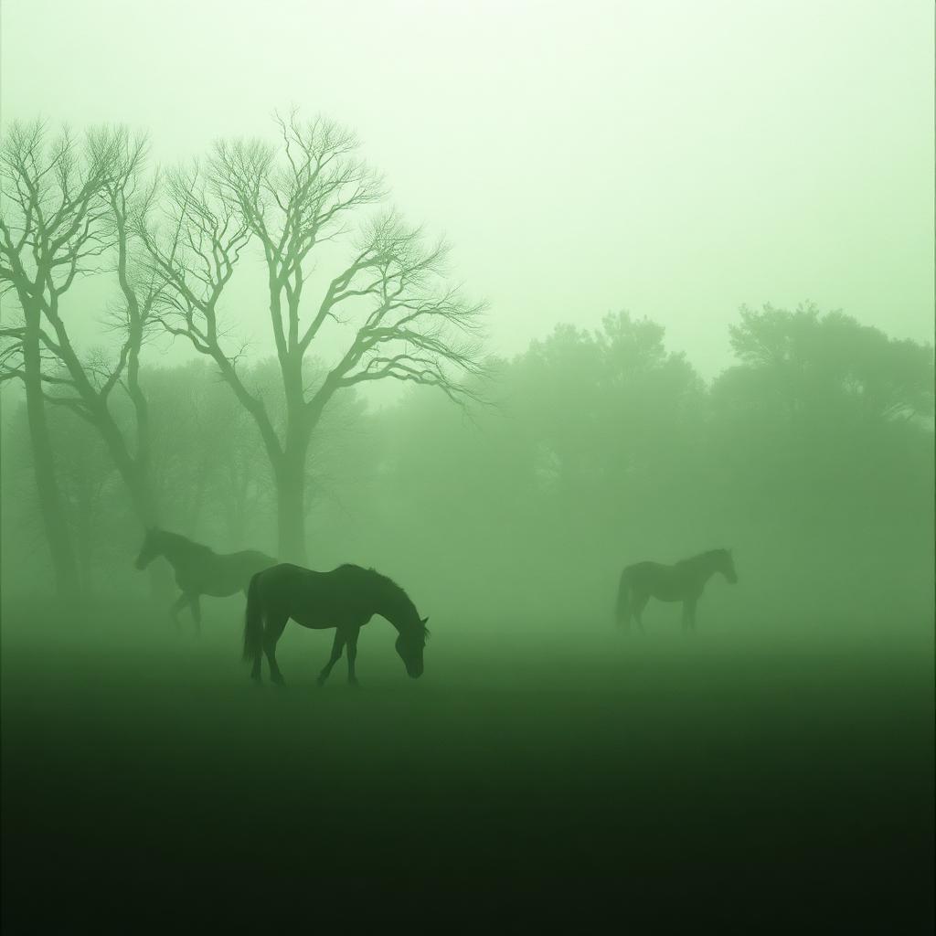 Horses grazing in heavy dawn fog behind a treeline
