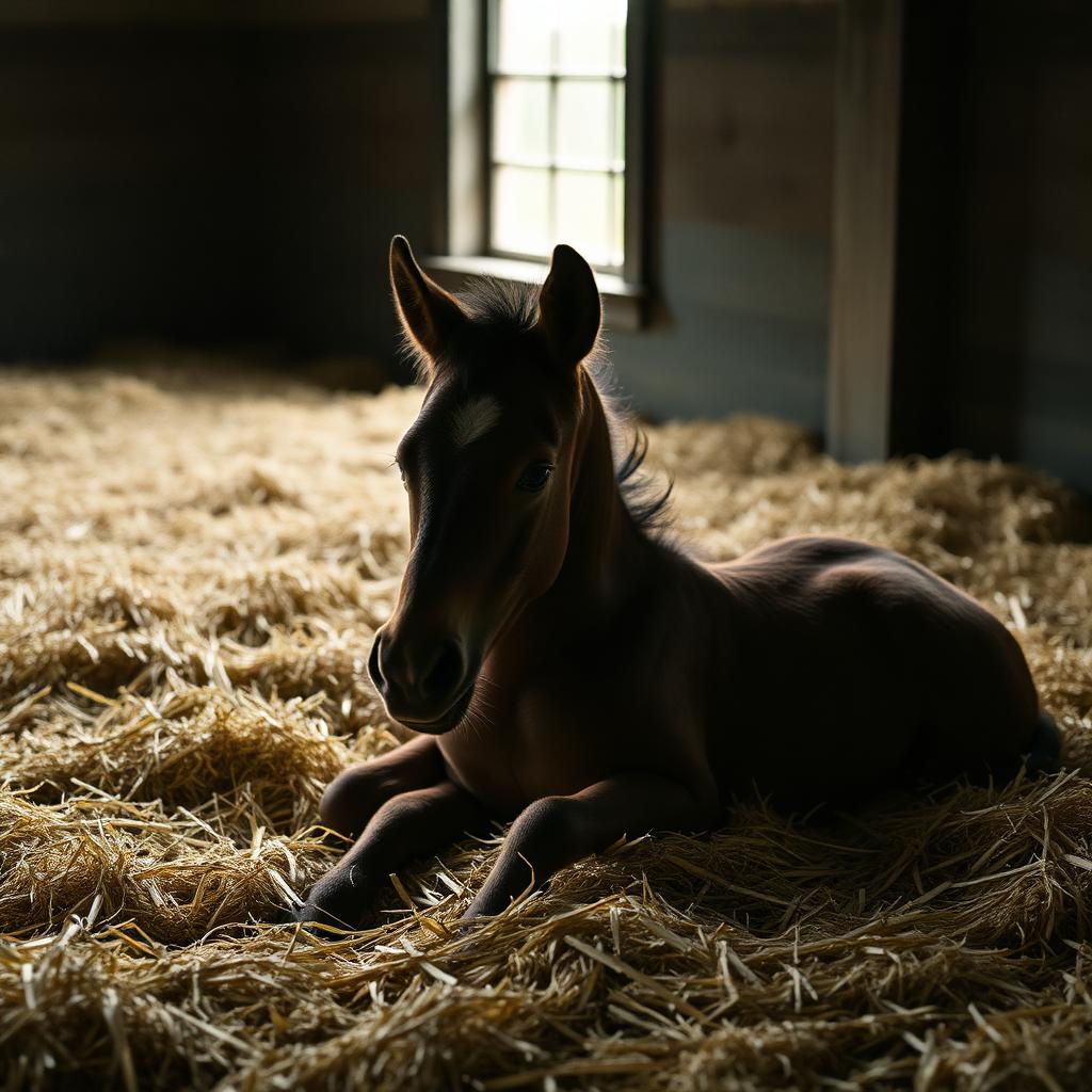 A foal lying in deep straw bedding in a dim stable