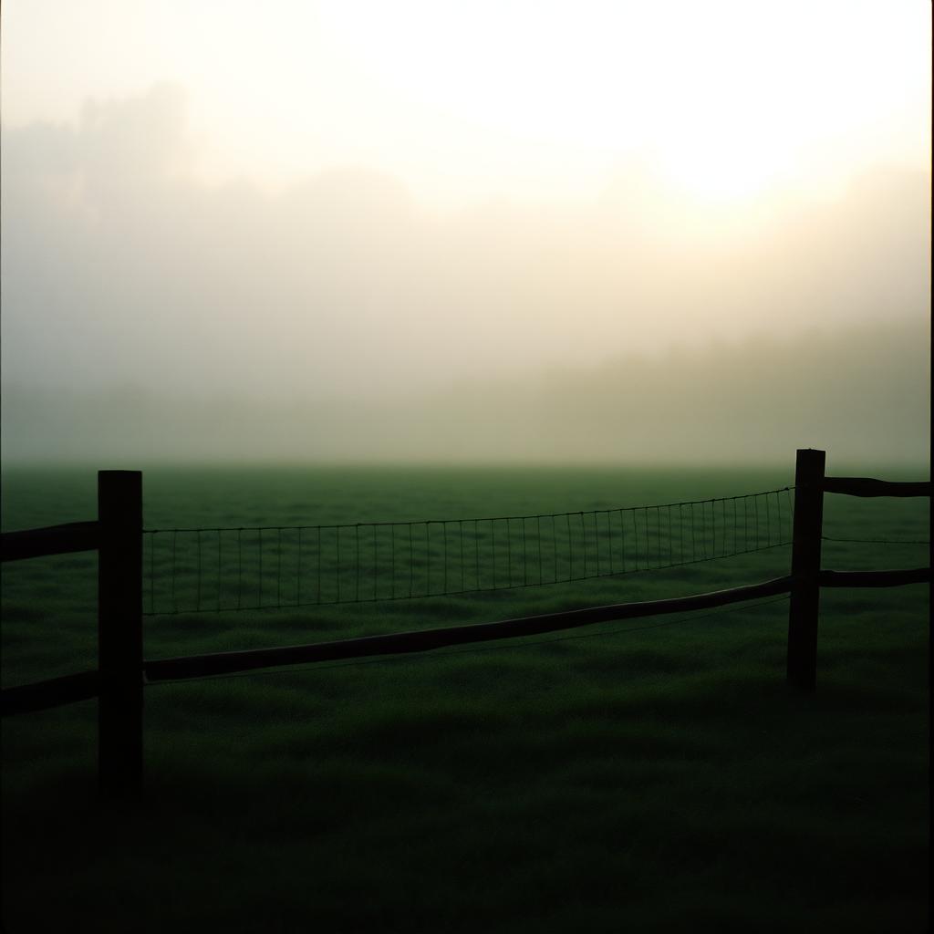 Empty misty paddock with dark post-and-rail fencing at dawn