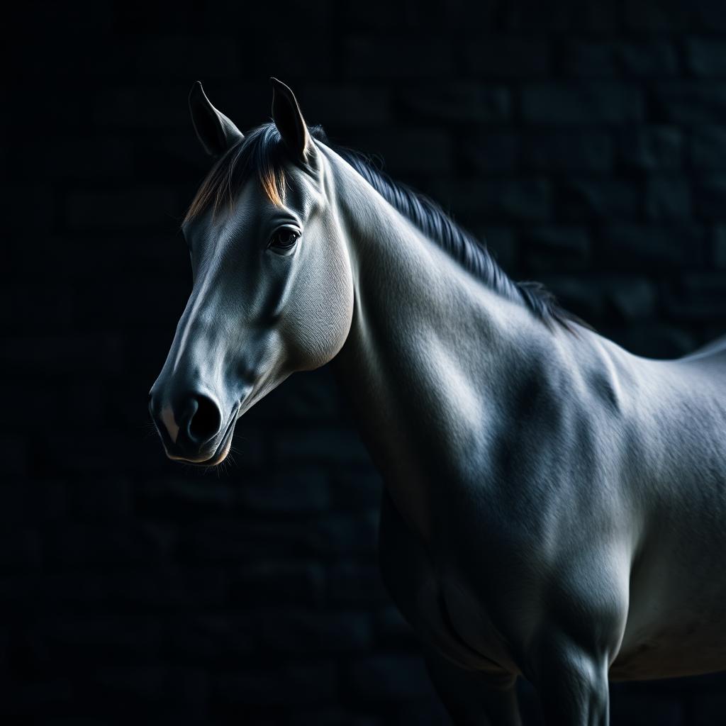 A grey sport horse standing against a dark stone wall