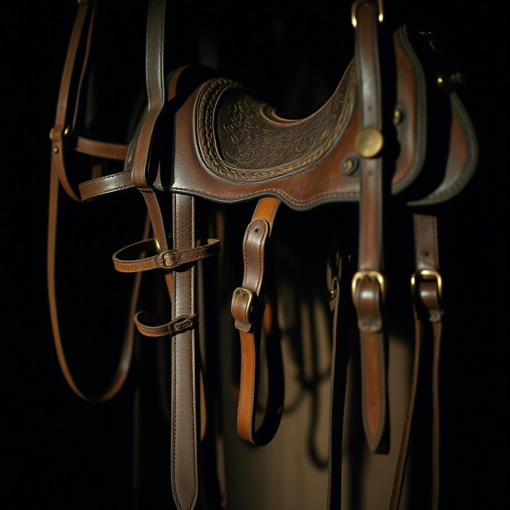 Leather bridles and a saddle hanging in a dark tack room