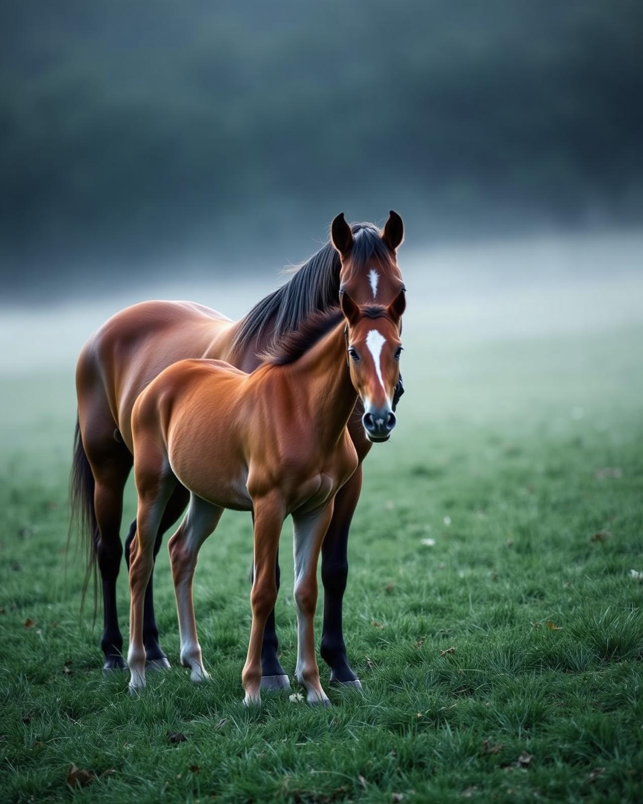 A mare and her foal standing together in a misty pasture at dawn