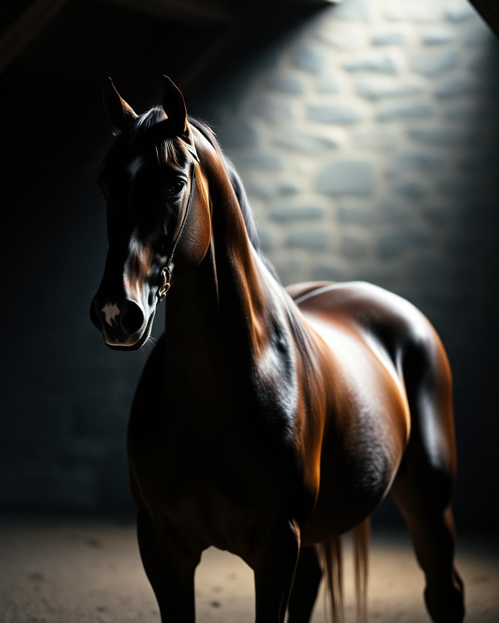 Dark bay stallion standing in a dim stone barn