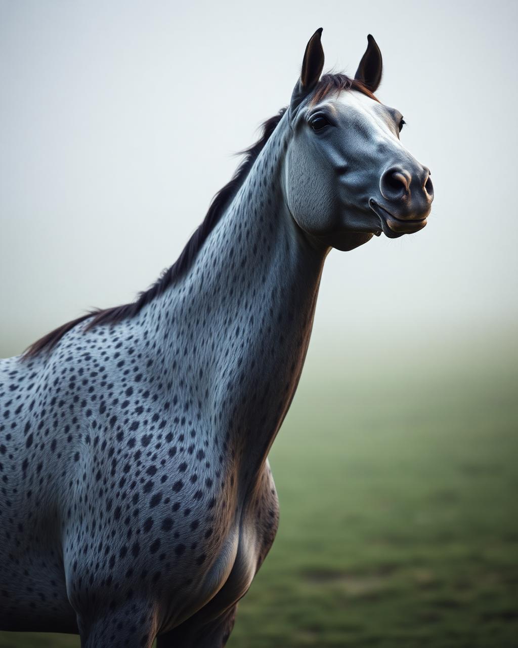 Dapple grey stallion alert in a misty dawn paddock