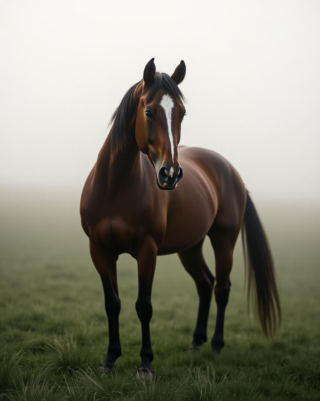 Bay broodmare in a foggy pasture at dawn