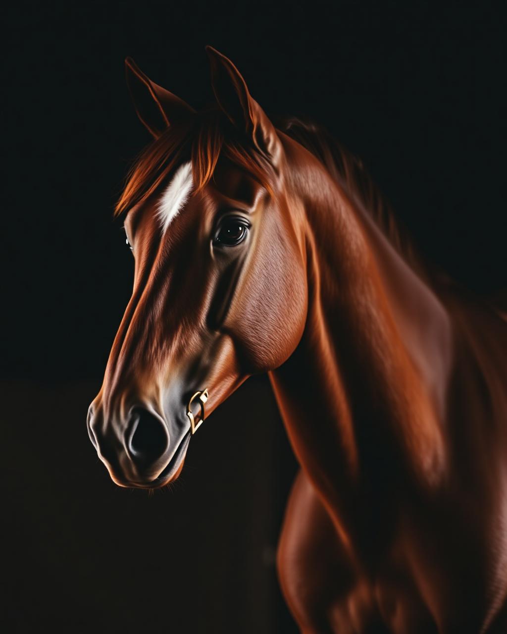 Chestnut mare portrait lit by a single warm light