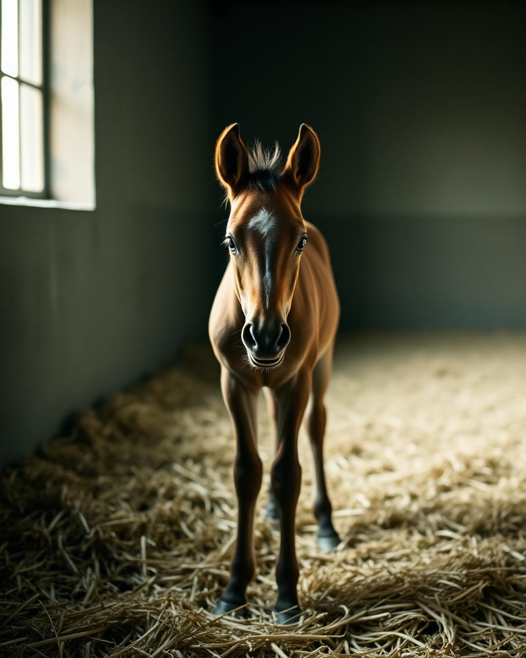 Young bay foal standing in deep straw in a dim stable