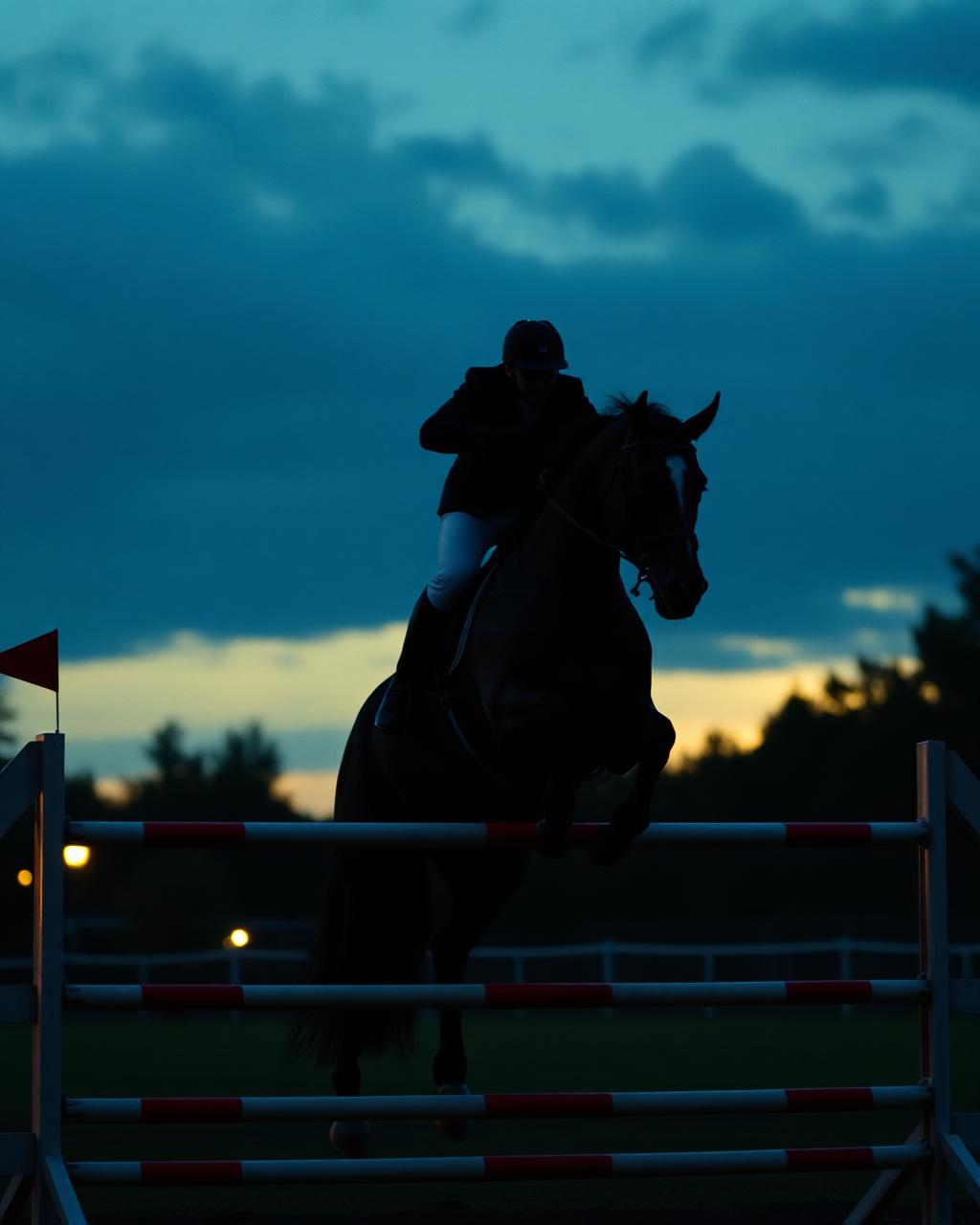 Black gelding clearing an oxer at dusk