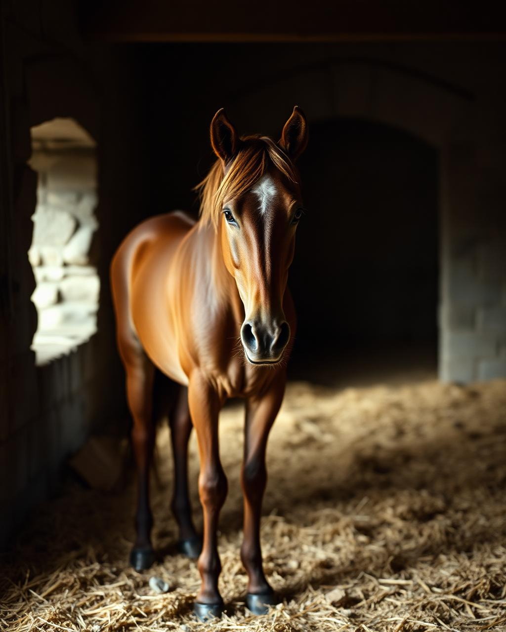 A thin rescued chestnut horse standing in a straw-bedded stone stable