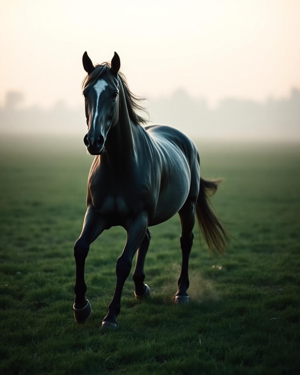A recovered grey horse trotting freely in a misty green paddock at dawn