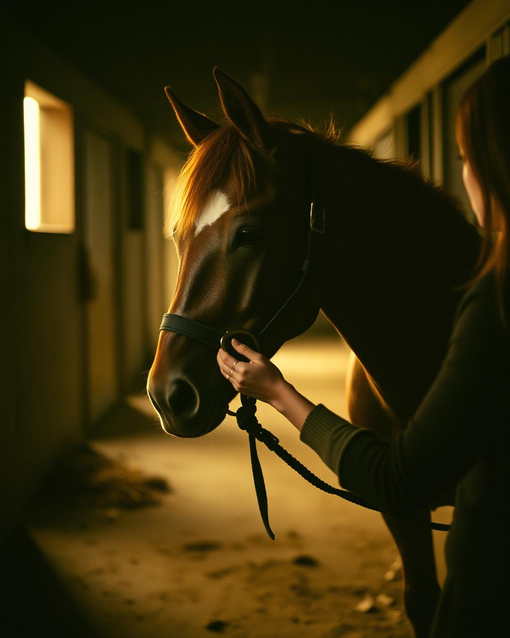 Hands gently haltering an old bay pony in a dim barn aisle
