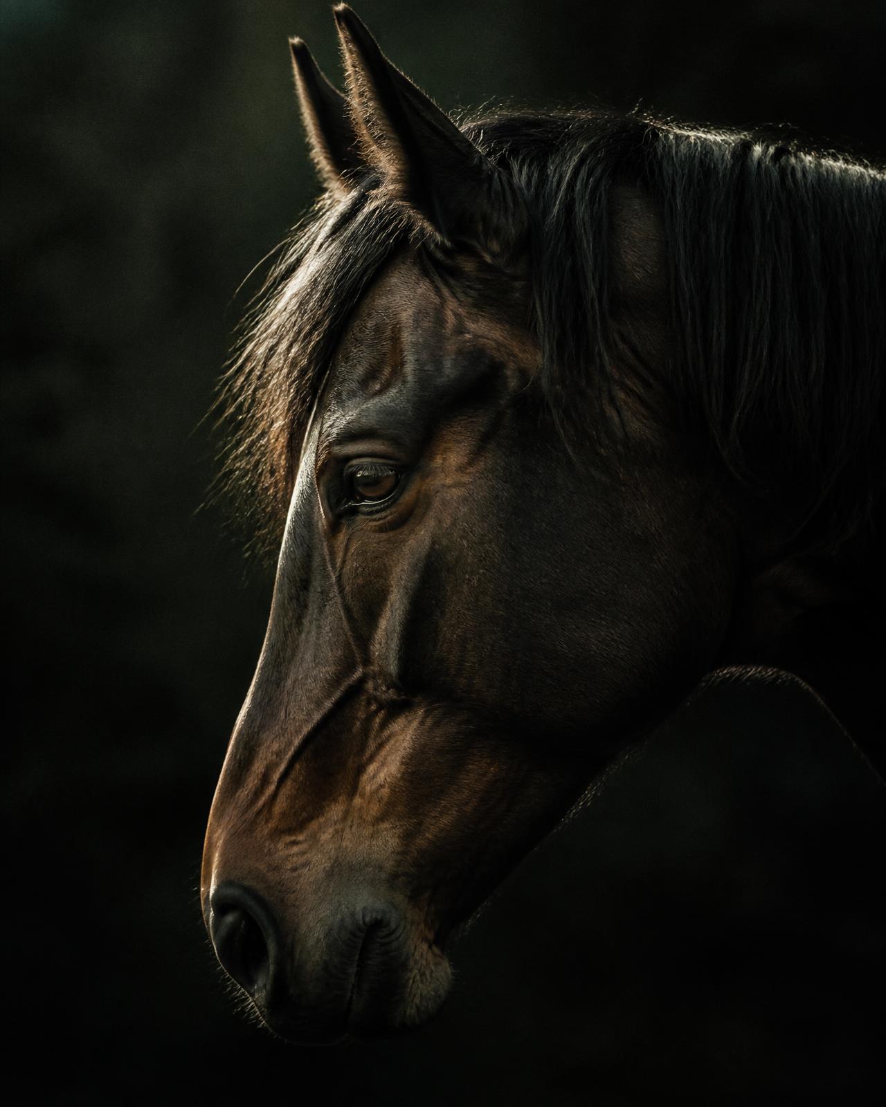 Close portrait of a dark bay horse in profile, lit by a single soft light